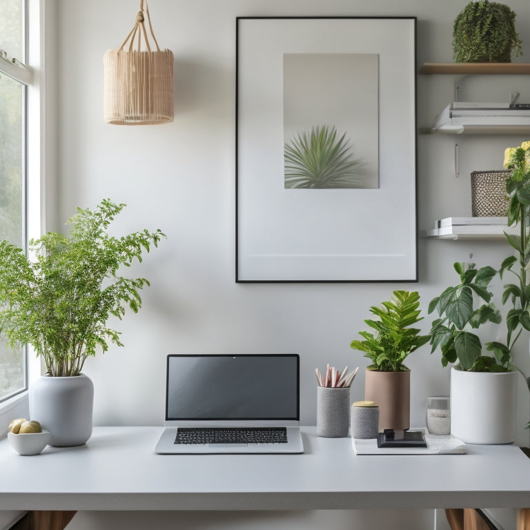 A serene, minimalist home office with a tidy desk, a few neatly labeled storage bins, and a laptop open to an online course website, surrounded by calm, natural elements like plants and a vase with fresh flowers.
