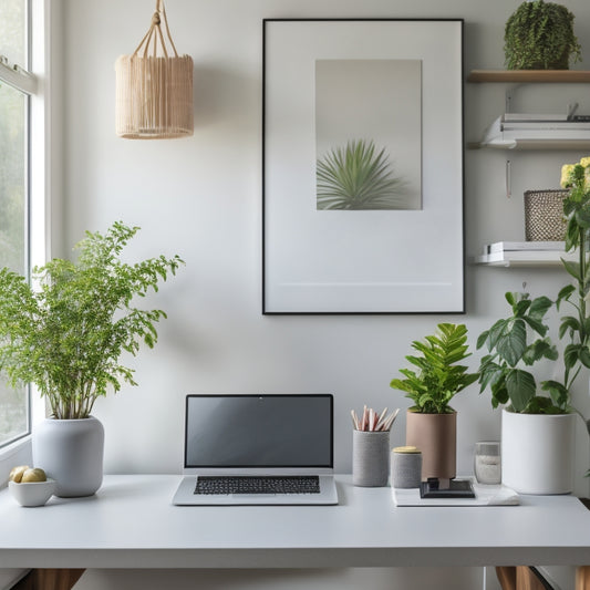A serene, minimalist home office with a tidy desk, a few neatly labeled storage bins, and a laptop open to an online course website, surrounded by calm, natural elements like plants and a vase with fresh flowers.