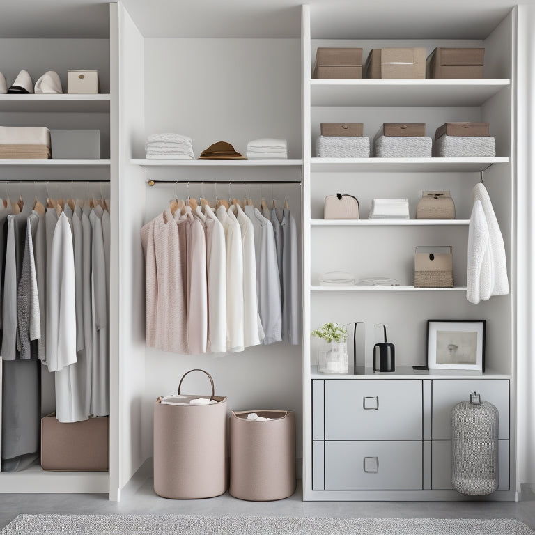 A serene, minimalist closet interior with a few, stylishly arranged garments on a rack, paired with a few neatly stacked storage bins and a single, elegant accessory on a shelf.