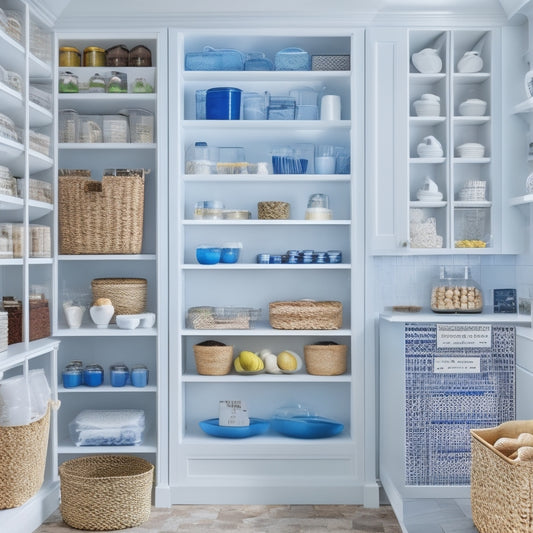 A clean and modern pantry with sleek white shelves, featuring various containers and baskets with custom-designed labels in a calming blue hue, organized by category and frequency of use.