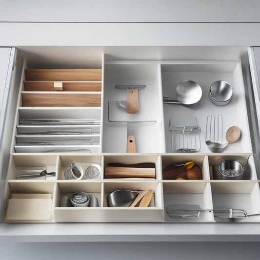 A kitchen drawer with 5-6 customizable dividers of varying widths, filled with organized kitchen utensils, cookware, and gadgets, against a clean white background with soft, natural lighting.