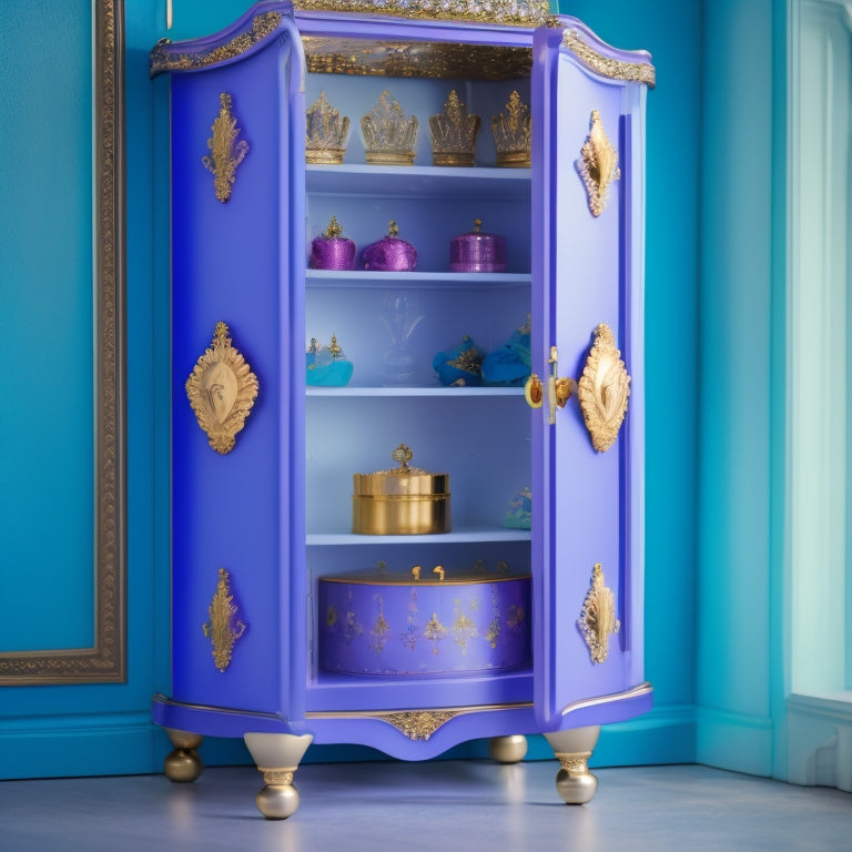 A whimsical, dreamy storage cabinet with a glittering crystal doorknob, adorned with a delicate golden crown, surrounded by stacks of vibrant, flowing princess dresses in shades of pink, blue, and purple.