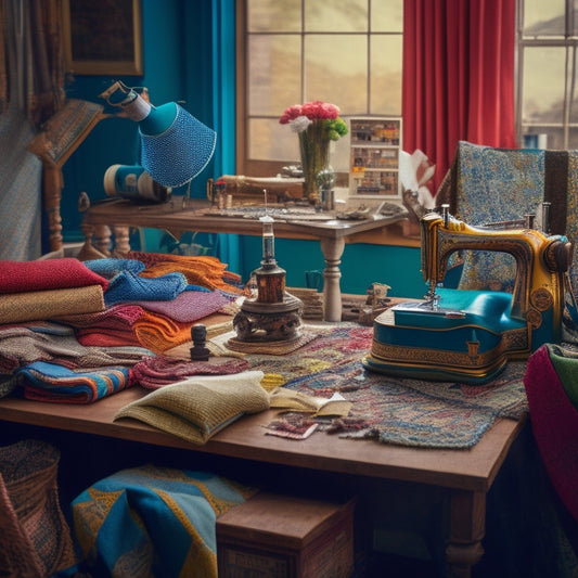 A cluttered, yet organized sewing studio with threads of various colors, scattered fabric scraps, and half-finished projects, featuring a vintage sewing machine as the centerpiece.