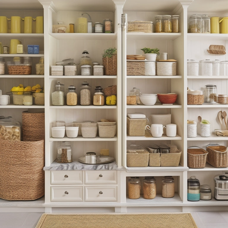 A serene kitchen scene featuring three open cabinets: one with stacked, labeled canisters; one with a tiered spice rack and a few neatly arranged cookbooks; and one with a pull-out utensil organizer and a few strategically placed baskets.