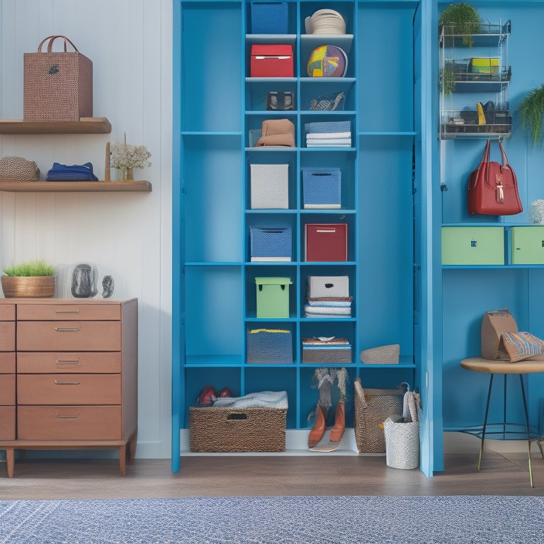 A bright, modern room with floor-to-ceiling shelves, showcasing various storage units: a wooden crate, a stackable plastic bin, a hanging shoe organizer, and a metal locker with a combination lock.