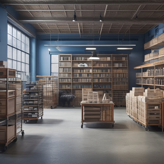 A spacious, well-lit room with a mix of open shelving units, wheeled industrial carts, and wooden crates, showcasing various storage and display options for a large, organized space.