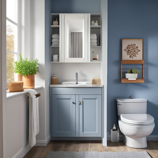 A modern bathroom with a wall-mounted cabinet featuring a mirrored door, a recessed shelf above the sink, a pedestal sink with a storage basket underneath, and a freestanding storage unit behind the toilet.