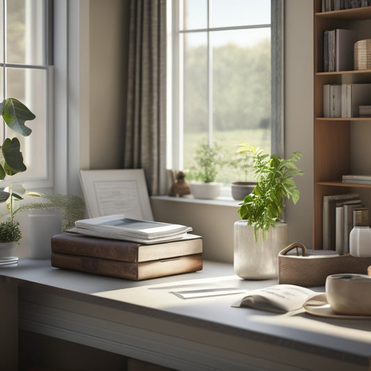 Generate an image depicting a serene home interior with a tidy desk, labeled storage bins, and a minimalist bookshelf, illuminated by natural light streaming through a window.
