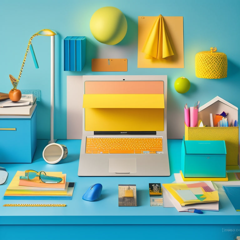 A stylized illustration of a tidy desk with a laptop, surrounded by neatly arranged door hanger templates in various colors and shapes, with a few scattered design elements like scissors and paper clips.