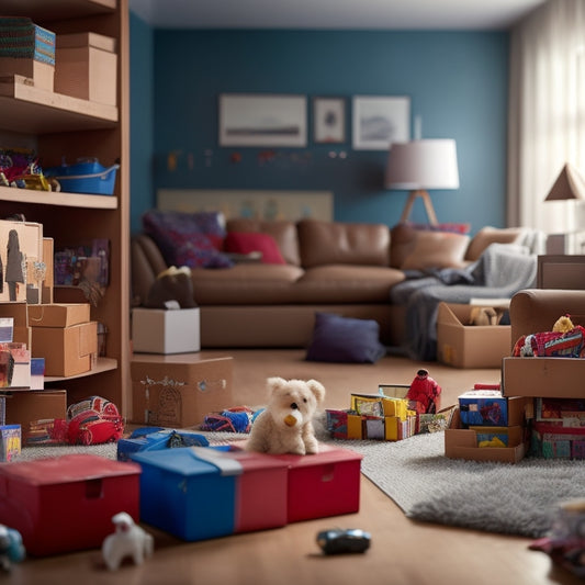 An overcrowded living room with stacked boxes, scattered toys, and tangled cords, with a faint outline of a tidy space in the background, highlighting the need for organized storage.