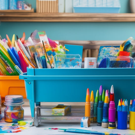 A colorful, clutter-free art cart filled with various art supplies like paints, crayons, and paper, surrounded by happy, messy kids engaged in creative activities, amidst a bright and airy background.