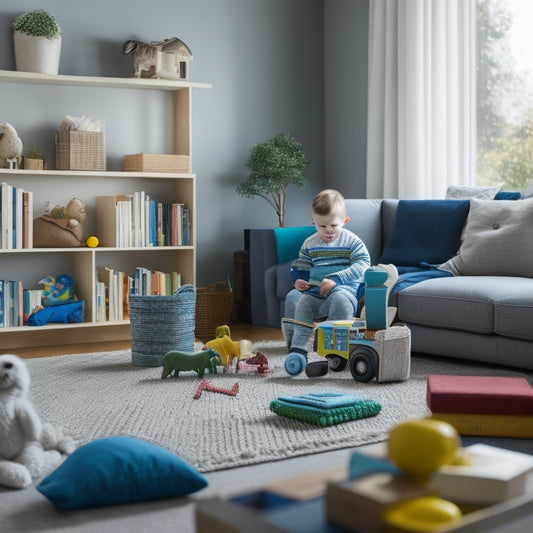 A serene and organized living room with a few toys and books neatly arranged on a shelf, a minimalist play area, and a calm mother playing with a happy toddler.