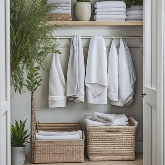 A serene, organized linen closet with neatly folded, stacked towels and sheets in calming whites and creams, adorned with woven baskets and a few lush green plants on shelves.