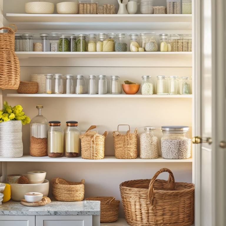 A bright, organized kitchen pantry with creamy white shelves, neatly stacked glass jars, and woven baskets, illuminated by soft natural light filtering through a nearby window.