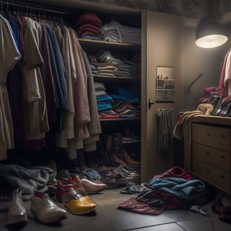 A cluttered, dimly lit closet interior with clothes spilling out of shelves, tangled hangers, and shoes scattered on the floor, surrounded by dirty laundry and forgotten accessories.