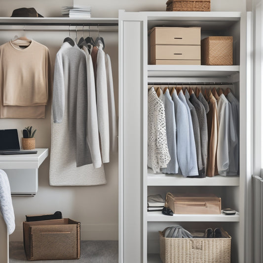 A serene, minimalist closet with a laptop on a clutter-free shelf, surrounded by neatly organized clothes and a few scattered notebooks, with a soft, natural light pouring in from a blurred background.