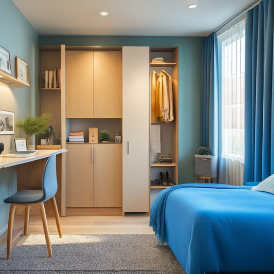 A bright, modern studio apartment with a Murphy bed, floor-to-ceiling curtains, and a multi-functional storage unit with a desk, shelves, and a hidden closet, surrounded by minimal decor and plenty of natural light.