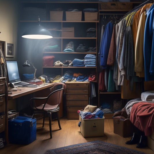 A messy closet with clothes scattered on the floor, contrasted with a neatly organized closet featuring adjustable shelves, rods, and bins, with a laptop and toolbox in the foreground.