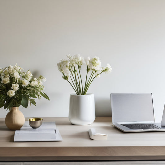 A minimalist desk with a laptop, surrounded by interior design magazines, fabric swatches, and a vase with fresh flowers, set against a clean white background with subtle wood grain texture.