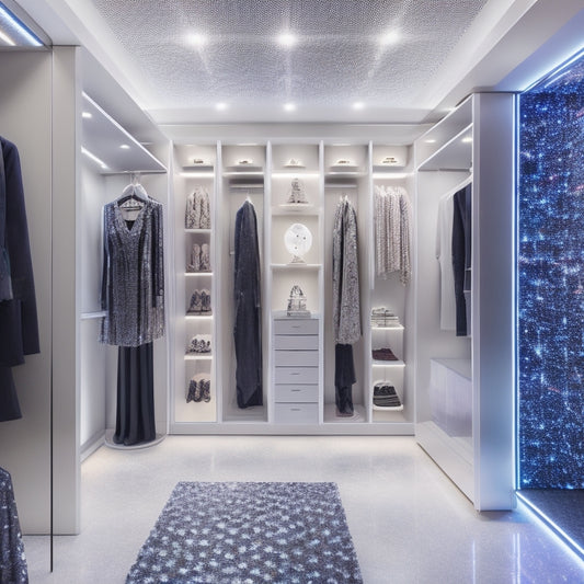 A futuristic, sleek, and modern closet interior with a Victoria-inspired aesthetic, featuring a constellation-patterned ceiling, illuminated clothing racks, and a holographic display showcasing personalized outfit suggestions.