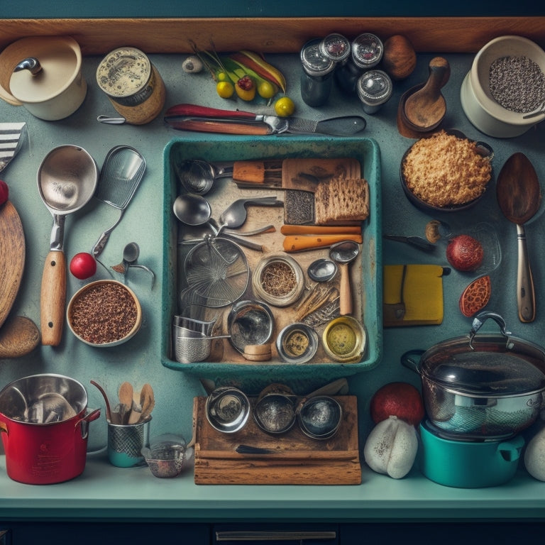 A cluttered kitchen drawer with utensils, cookware, and gadgets overflowing, tangled, and stacked haphazardly, with a few items spilling out onto the countertop.