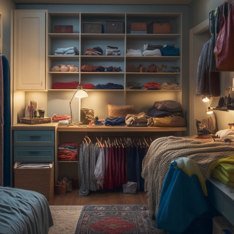 A cluttered, dimly lit tiny apartment with piles of clothes and boxes overflowing from a small closet, contrasted with a sleek, organized version of the same space featuring multi-tiered shelves and a Murphy bed.