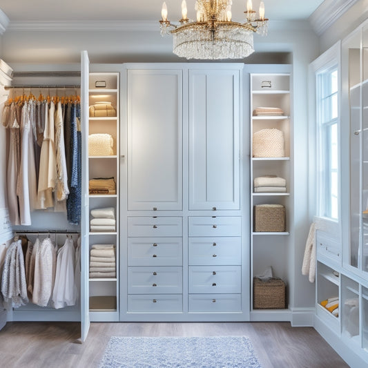 A serene, well-lit closet with sleek, white shelves, drawers, and rods, featuring a mix of hanging garments, folded clothes, and storage bins, with a stylish, modern chandelier above.