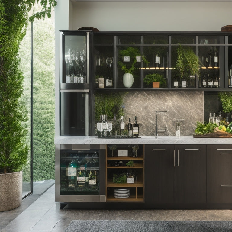 A sleek, modern kitchen with a central wine rack island featuring curved glass shelves, chrome accents, and a built-in wine cooler, surrounded by stylish bar stools and a lush greenery backdrop.