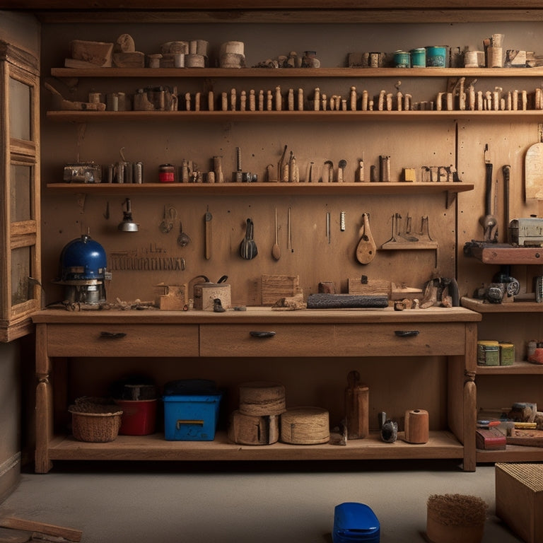 A partially assembled wooden shelving unit with exposed screw holes and sawdust, surrounded by scattered tools, wooden planks, and a measuring tape, set against a cluttered workshop backdrop.