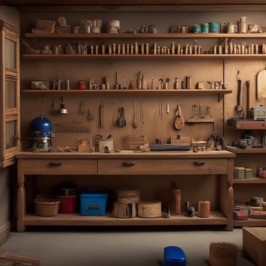 A partially assembled wooden shelving unit with exposed screw holes and sawdust, surrounded by scattered tools, wooden planks, and a measuring tape, set against a cluttered workshop backdrop.