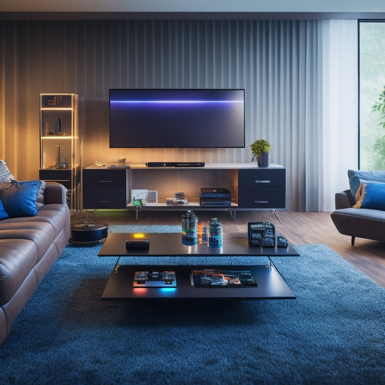 A futuristic living room with a sleek TV, a PlayStation and Xbox console on a modern coffee table, surrounded by scattered gaming controllers, wires, and gift boxes with colorful bows.