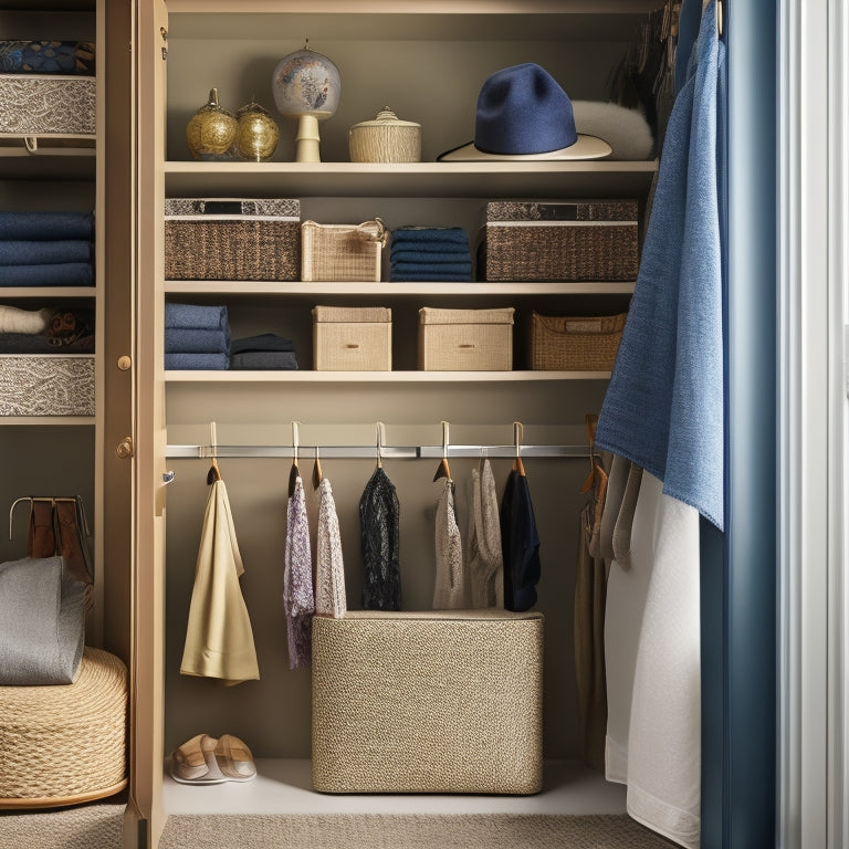 A tidy closet with shelves, drawers, and rods, showcasing a mix of organized accessories like scarves on velvet hangers, stacked hat boxes, and a jewelry armoire with open doors revealing tidy trays.