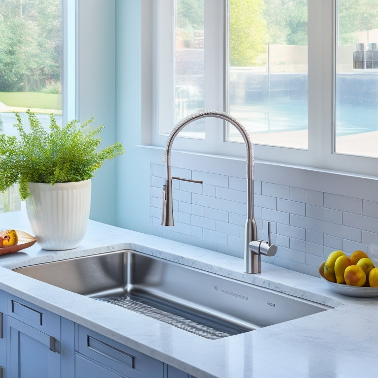 A modern, sleek kitchen with a compact, stainless steel sink and stove combo, featuring a circular sink basin, two-burner gas stove, and a chrome faucet, set against a crisp white countertop and gray backsplash.