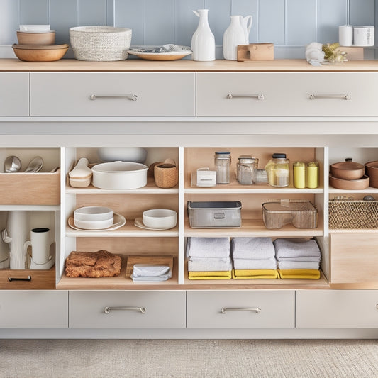 A clutter-free drawer interior with three adjustable shelves of varying heights, each holding neatly organized kitchen utensils, cookbooks, and linens, with soft, warm lighting and a minimalist white background.