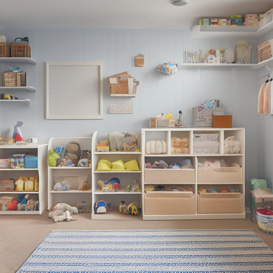 A cluttered playroom with toys and clothes scattered everywhere, transformed into a serene space with labeled bins, stacked shelves, and a pegboard, showcasing a sense of calm and control.