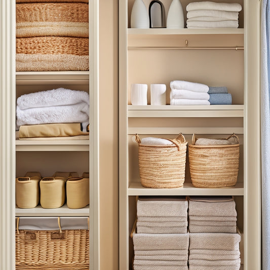 A serene, well-organized linen closet with soft, white lighting, featuring neatly folded, hotel-quality towels and crisp, ironed linens on custom wooden shelves, with a few decorative woven baskets.