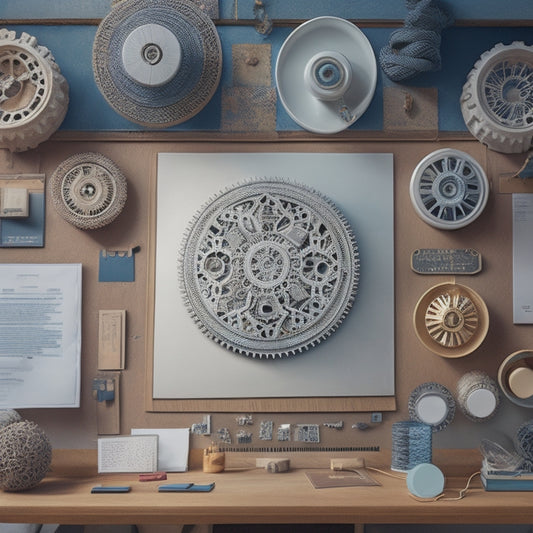 An illustration of a serene, organized workspace with a brain at its center, surrounded by interconnected gears, puzzle pieces, and threads, radiating outward in a harmonious, symmetrical pattern.