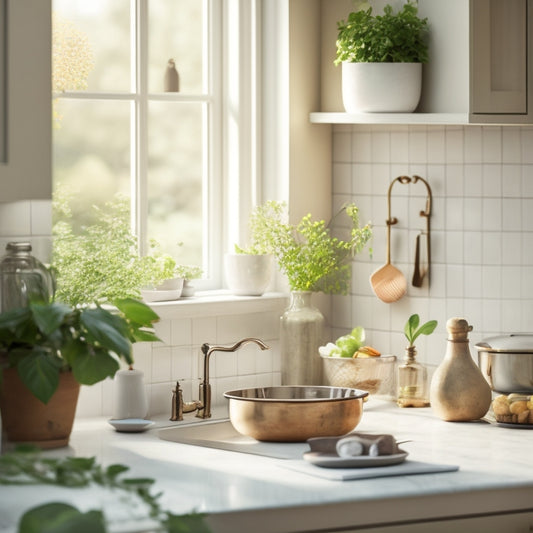 A serene kitchen with minimal decor, featuring a spotless white countertop, a few strategically placed cooking utensils, and a single, lush green plant, bathed in soft, warm morning light.