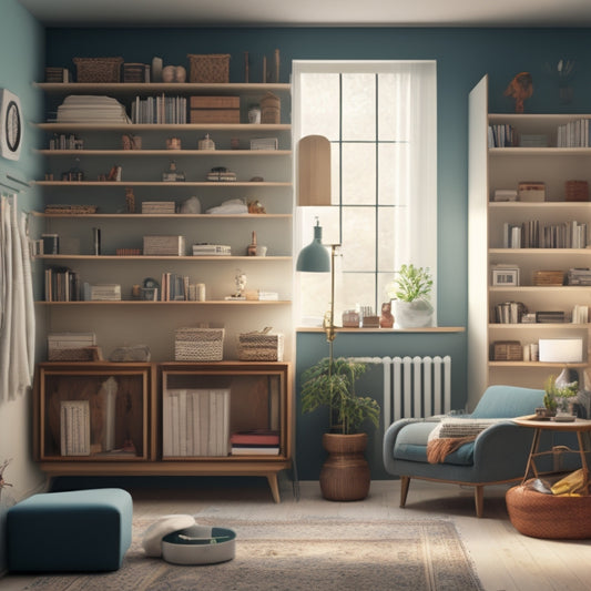 An illustration of a room with contrasting scenarios: a cluttered, cramped space with furniture and objects stacked haphazardly, versus a tidy, airy space with floating shelves and minimalist decor.