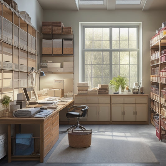 A clutter-free storage room with labeled bins, organized shelves, and a functional workstation, illuminated by soft natural light pouring in through a large window.