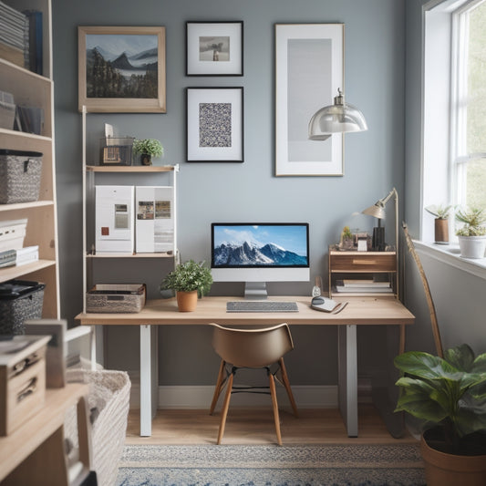 A serene, organized home office with a clutter-free desk, a few neatly labeled storage bins, and a laptop displaying an online course website on the screen.