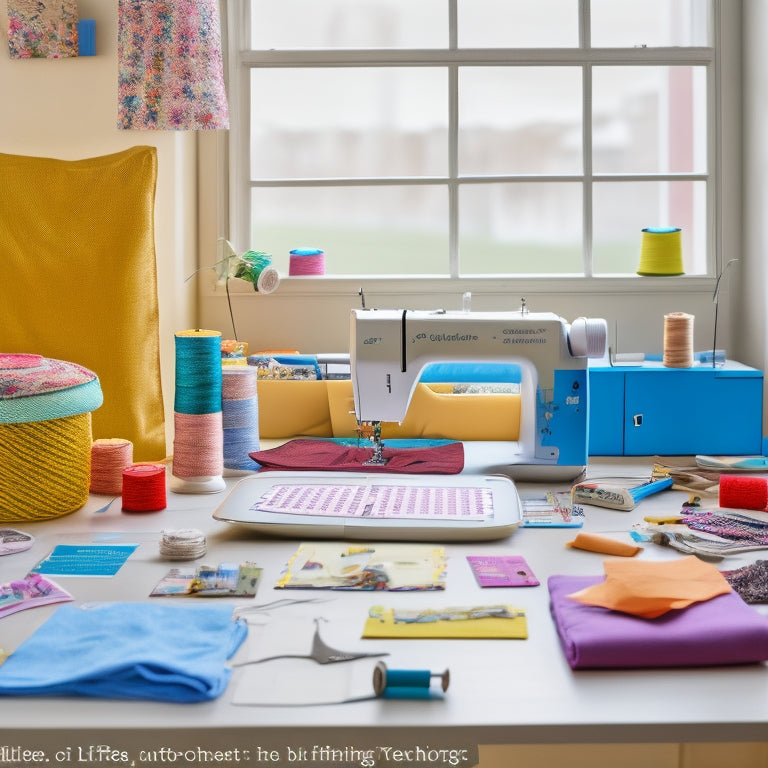 A colorful, clutter-free workspace with a sewing machine, threads, and fabrics in the background, featuring a laptop with a Trello board on the screen, divided into lists and cards with sewing patterns and notes.