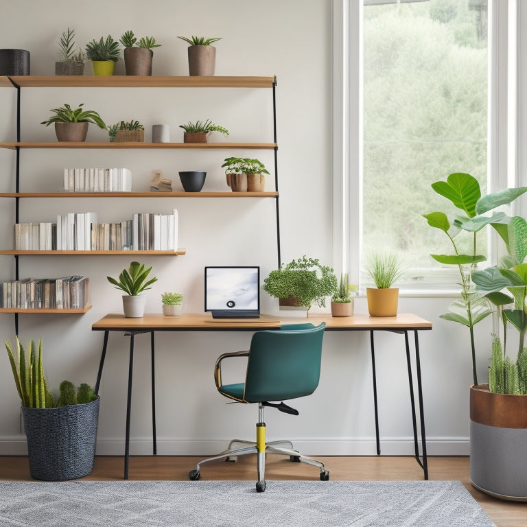 A minimalist, modern workspace with a sleek desk, ergonomic chair, and a geometric bookshelf in the background, featuring a color-coded filing system, a cord organizer, and a few thriving plants.