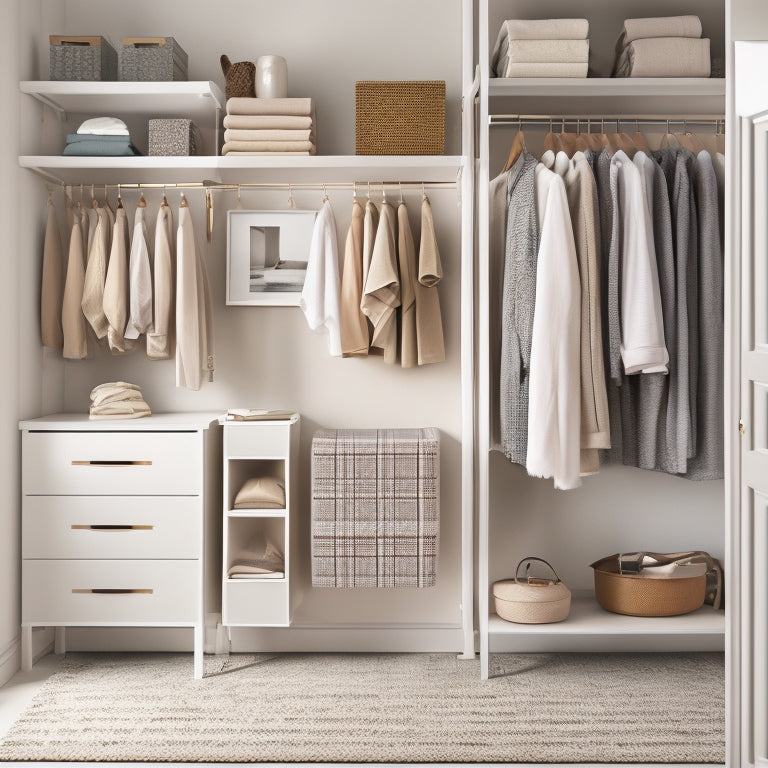 A serene, minimalist closet interior with a neutral color palette, featuring a mix of open shelving, drawers, and hanging rods, with a few neatly organized outfits and accessories on display.