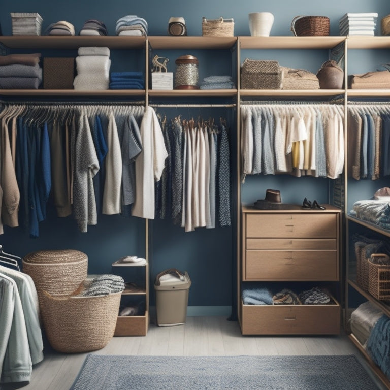 A cluttered walk-in closet with clothes scattered on the floor, overflowing shelves, and tangled hangers, contrasted with a serene, organized section featuring neatly arranged clothes, bins, and a calm color scheme.