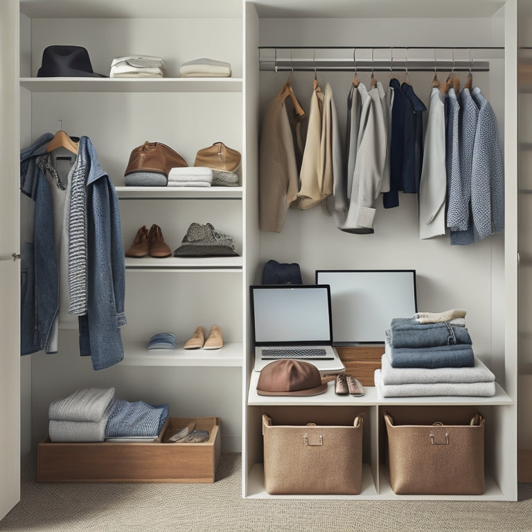 A minimalist illustration of a tidy closet interior, with neatly organized clothes, shoes, and accessories, featuring a laptop or tablet in the foreground, surrounded by several open e-booklets.