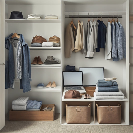 A minimalist illustration of a tidy closet interior, with neatly organized clothes, shoes, and accessories, featuring a laptop or tablet in the foreground, surrounded by several open e-booklets.