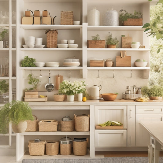 An organized kitchen with cream-colored cabinets, featuring a mix of adjustable shelves with baskets, hooks, and dividers, holding cookbooks, utensils, and dinnerware, with a few decorative plants on top.