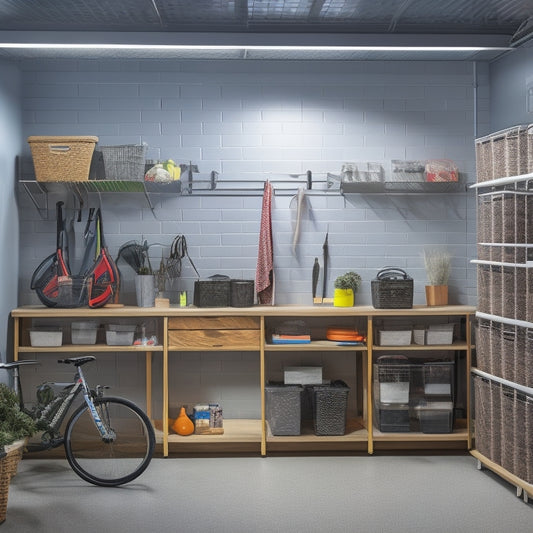 A clutter-free garage with a sleek, gray metal shelving unit, adjustable baskets, and hooks, surrounded by a few neatly arranged tools, a bicycle, and a few storage bins, illuminated by a single overhead light.
