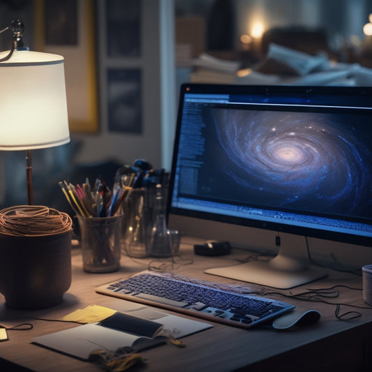 A cluttered desk with a laptop, scattered papers, and tangled cords, surrounded by blurred, swirling shapes, with a faint, ghostly image of a focused person in the background, looking away.